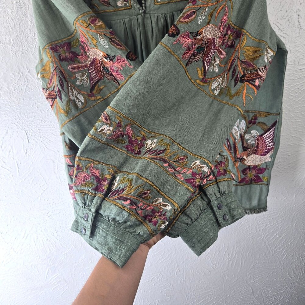Sundance Boho Blouse Medium Dark Green Linen Floral Bird Embroidered Peasant Top - Picture 6 of 12